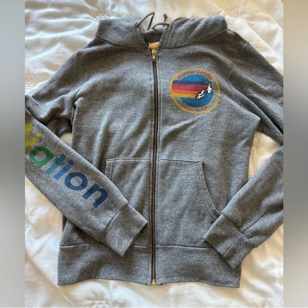 Aviator Nation La Jolla Zip Hoodie Heather Gray Rainbow Logo Sweatshirt Size M - Picture 2 of 10